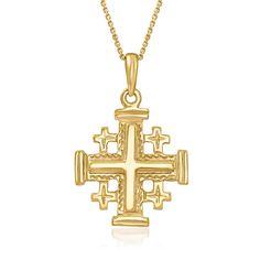 Ross-Simons - 14kt Yellow Gold Jerusalem Cross Pendant Necklace. 20". Historically used as a symbol of the kingdom of Jerusalem, the Jerusalem cross is made up of a large cross surrounded by four smaller crosses. Set in polished 14kt yellow gold. Suspends from a cable chain with a lobster clasp. The word "Jerusalem" appears on the back of the cross. 14kt yellow gold Jerusalem cross pendant necklace. Yellow Gold Cross Necklace, White Gold Cross Pendant, Cross Choker Necklace, Italian Gold Jewelry, St Michael Pendant, Mixed Metal Bracelets, Pearl Bracelet Gold, Cross Choker, Pearl Strands Necklace