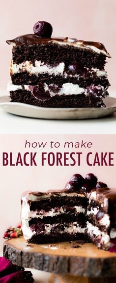 two different types of black forest cake on plates