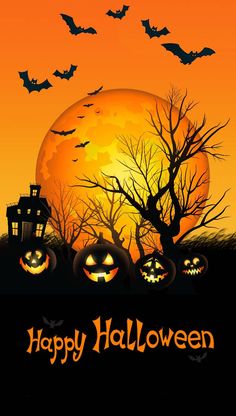 a halloween scene with pumpkins and bats