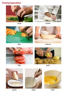 food preparation poster showing the steps to prepare and cut up tomatoes, bread, cheese, eggs