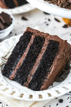 a slice of chocolate cake on a white plate