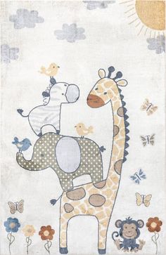 a giraffe, zebra and monkey are depicted in this children's wall hanging