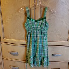 Cute Girls Summer Dress. At Last Brand From Macy's. Green Plaid With Sequins. Straps Are Adjustable. Nwot, Size Medium. Summer Plaid Dress With Tie Straps, Summer Plaid Vintage Dress, Green Plaid Summer Dress, Cute Summer Plaid Mini Dress, Summer Plaid Ruffle Mini Dress, Girls Summer Dress, Girls Dresses Summer, Green Plaid, At Last