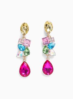 Beautiful stones dangle from an elegant drop earring that instantly elevates any look. Post back. 2. 25”length. Base metals. Imported. The best plus size women's multi gem statement drop earrings in multi. Colorful Statement Earrings, Multicolor Teardrop Earrings For Party, Glamorous Multicolor Dangle Crystal Earrings, Semi Precious Stone Jewelry, Bauble Bar, Gem Crafts, Graduation Style, Statement Hoop Earrings, Earrings Ideas