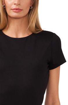 This sleek and classic T-shirt is cut from ultrastretchy body-sculpting fabric to enhance your natural shape. 24" length (size Medium) Jewel neck Short sleeves Partially lined 90% polyester, 10% spandex Machine wash, tumble dry Imported Classic Stretch T-shirt For Workwear, Elegant Fitted T-shirt With Scoop Neck, Fitted Black Elastane T-shirt, Seamless Second-skin Short Sleeve Tops, Modern Seamless Solid Tops, Modern Seamless Solid Color Tops, Solid Top With Smoothing Minimal Stretch, Classic High Stretch Black Top, Classic Crew Neck High Stretch Tops