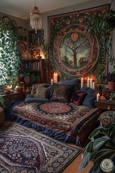 a bed with many pillows and candles in front of a large tapestry on the wall