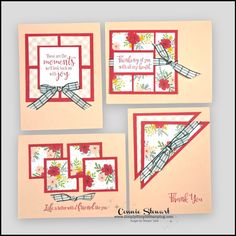 four cards with flowers and ribbons on them