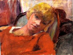 a painting of a woman sitting in a chair with her head resting on the armrest