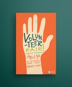 an orange and white poster with the words volunteer fair written in green ink on it