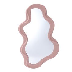 an oval shaped mirror is shown against a white background and has pink trim around the edges