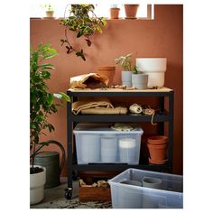 a shelf filled with pots and containers next to a plant on top of a table