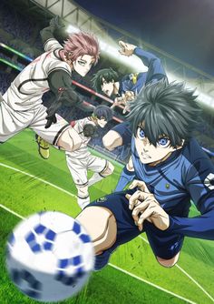 an anime soccer game is being played on the field with other players in the background