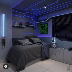 a bed room with a neatly made bed and blue lights