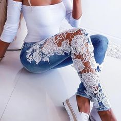 Elegant Sexy Pencil Floral Jeans White Stretch Jeans For Summer, Casual Blue Lace Bottoms, Diy Lace Jeans, Crochet Jeans, Jeans With Lace, Lace Clothes, Lace Jeans, Bret Michaels, Repurposed Clothing