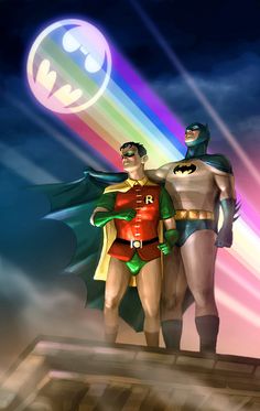 two superheros standing next to each other in front of a rainbow colored sky and clouds