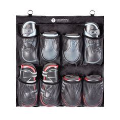 an organized shoe bag with five pairs of shoes in it