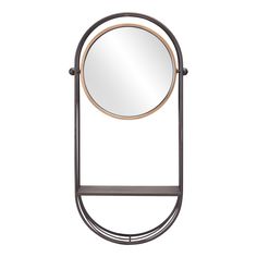 a round mirror sitting on top of a metal stand with a circular mirror above it