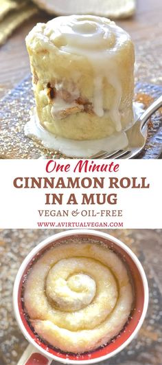 cinnamon roll in a mug with icing on top and the title overlay reads, cuee minute cinnamon roll in a mug