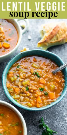 two bowls of lentil veggie soup with bread on the side