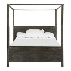 a bed with a wooden frame and white sheets on it's headboard, in front of a white background