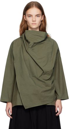 Relaxed-fit brushed cotton- and silk-blend broadcloth blouse. · Wrap construction · Foldover cowl neck · Cinch strap at back collar Supplier color: Khaki Eyelet Blouse, Ruffle Sleeve Blouse, Satin Top, Grey Khakis, Brushed Cotton, Color Khaki, Art Fashion, Cotton Tops, Cotton Silk