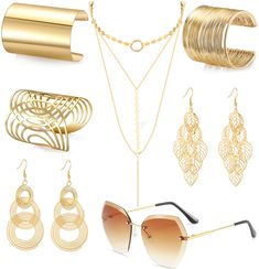 PRICES MAY VARY. 70s Disco Jewelry Set - One set contains 1 rimless diamond cutting sunglasses, 3pcs gold cuff bangle bracelets, 1 layered choker necklace, 2 pairs gold dangle disco earrings, classic gold tone, luxurious and gorgeous, a 70s jewelry set to meet all your wearing needs, suitable for dressing up parties and clothing accessories. Premium Materials - These 70's disco accessories are made of high-quality metal, non-toxic and safe, not easy to break, not fade and rust, and have a smooth Disco Accessories, 1970s Earrings, Disco Earrings, Gold Cuff Bangle, 70s Jewelry, Costume Jewelry Sets, Layered Choker Necklace, Layered Chokers, 70s Disco