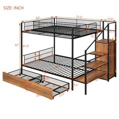 a bunk bed with stairs and storage drawers for the bottom level is shown in this drawing