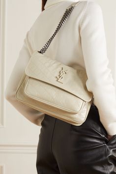 White Niki medium crinkled glossed-leather shoulder bag | SAINT LAURENT | NET-A-PORTER Rose Black Pink Ysl, Ysl Kate Bag Beige, Luxury Purses Ysl, Ysl Niki Bag Baby, Ysl Niki Baby Bag, Baby Niki Ysl, Ysl Niki Bag Medium, Ysl Niki Bag Outfit, White Purse Outfit