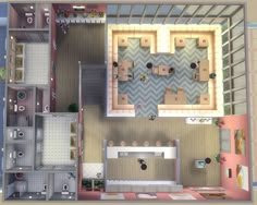 an overhead view of a kitchen and living room in the game simplorama