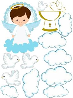 an angel and doves with clouds in the foreground, on top of it