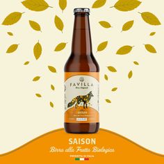 a bottle of saison beer with leaves flying in the air behind it on an orange and white background