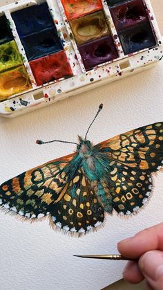 a butterfly painted with watercolors in front of an artist's paintbrush