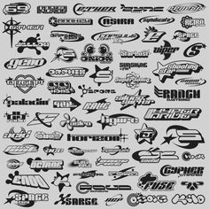 a large collection of different types of stickers on a gray background, all in black and white