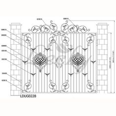 an iron gate with the names and measurements for each section, including the top part