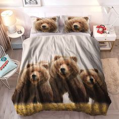 three brown bears are standing on the bed