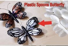 three butterflies are shown with the words plastic spoons butterfly and carton crafts 650