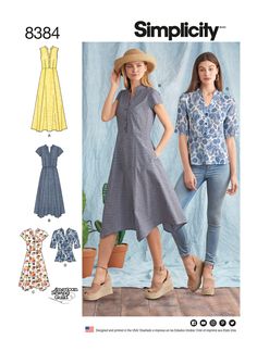 S8384 | Simplicity Sewing Pattern Misses' Dress with Length Variations and Top | Simplicity Button Down Dress Pattern, Handkerchief Hem Top, Short Sleeves Dress, Handkerchief Dress, Dress Making Patterns, Miss Dress, Top Sewing Pattern, Simplicity Sewing, Sleeves Dress