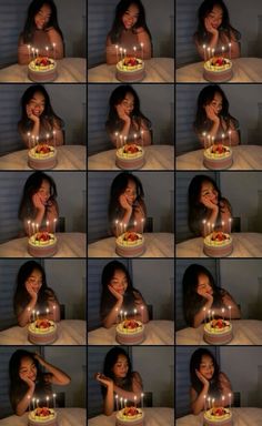 a woman sitting in front of a cake with candles on it