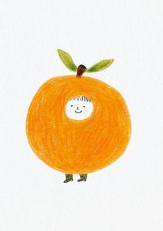 a drawing of an orange with a face and green leaves on it's head