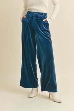 Slip into these on-trend ocean-blue velvet pants and turn up the heat! Perfect for a unique and statement-making look, these wide-leg pants are stylish and comfortable! Sizing: Small 0-4 Medium 6-8 Large 10-12 Velvet Trousers Outfit, Wide Leg Velvet Pants, Blue Velvet Pants, Leopard Print Sweater, Velvet Trousers, Pants Large, Velvet Pants, Turn Up, Printed Sweater