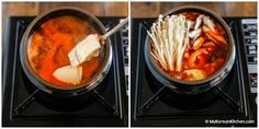 two pictures showing how to make pasta in a pot on top of the stovetop