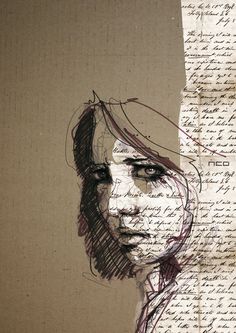 a drawing of a woman's face with writing on it