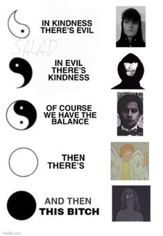 some black and white pictures with different words on the same page, including yin - yang symbols