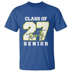 a blue t - shirt that says class of twenty senior with the number twenty on it