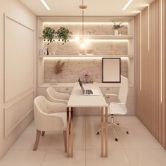 a room with a desk, chairs and shelves on the wall is lit by lights