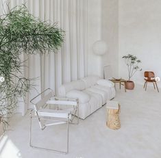 a living room filled with white furniture and plants