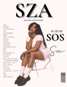 a woman sitting on top of a chair in front of a white background with the words, sza album sos