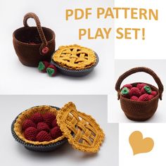 crocheted baskets with apples in them and the text, free pattern play set