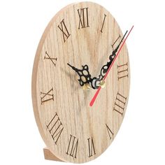 a wooden clock with roman numerals and red hands on a white background is shown