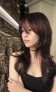 Hair Ideas For Asian Hair, Bangs Around The Face, Wolfcuts Medium Hair, Feather Layered Haircuts, Bangstyle Hair Long Dark Brown, Asian Hair Styles Women, Hime Haircut With Layers, Japanese Haircut Long Layered Hair, Long Layered Shag Haircut With Bangs